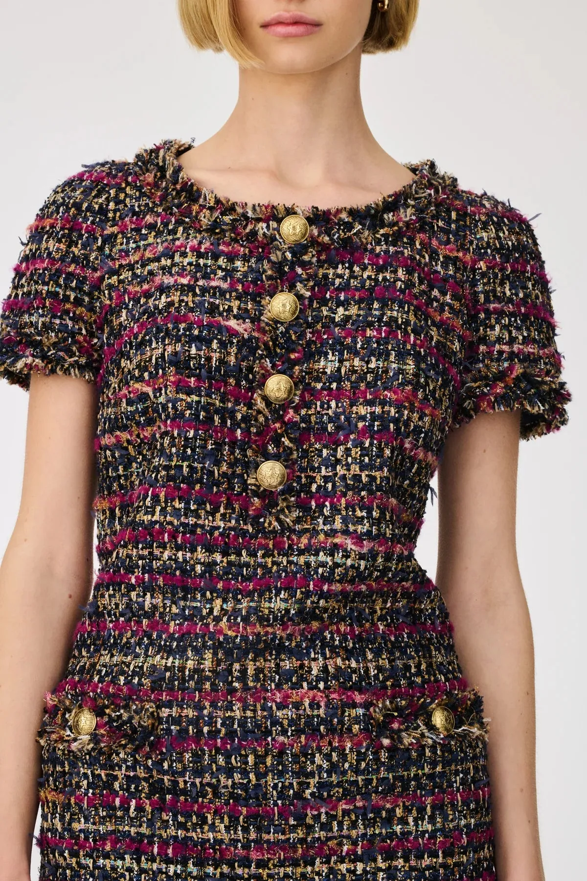 Weill Paris Multicolored Tweed Dress with Gold Button Accents