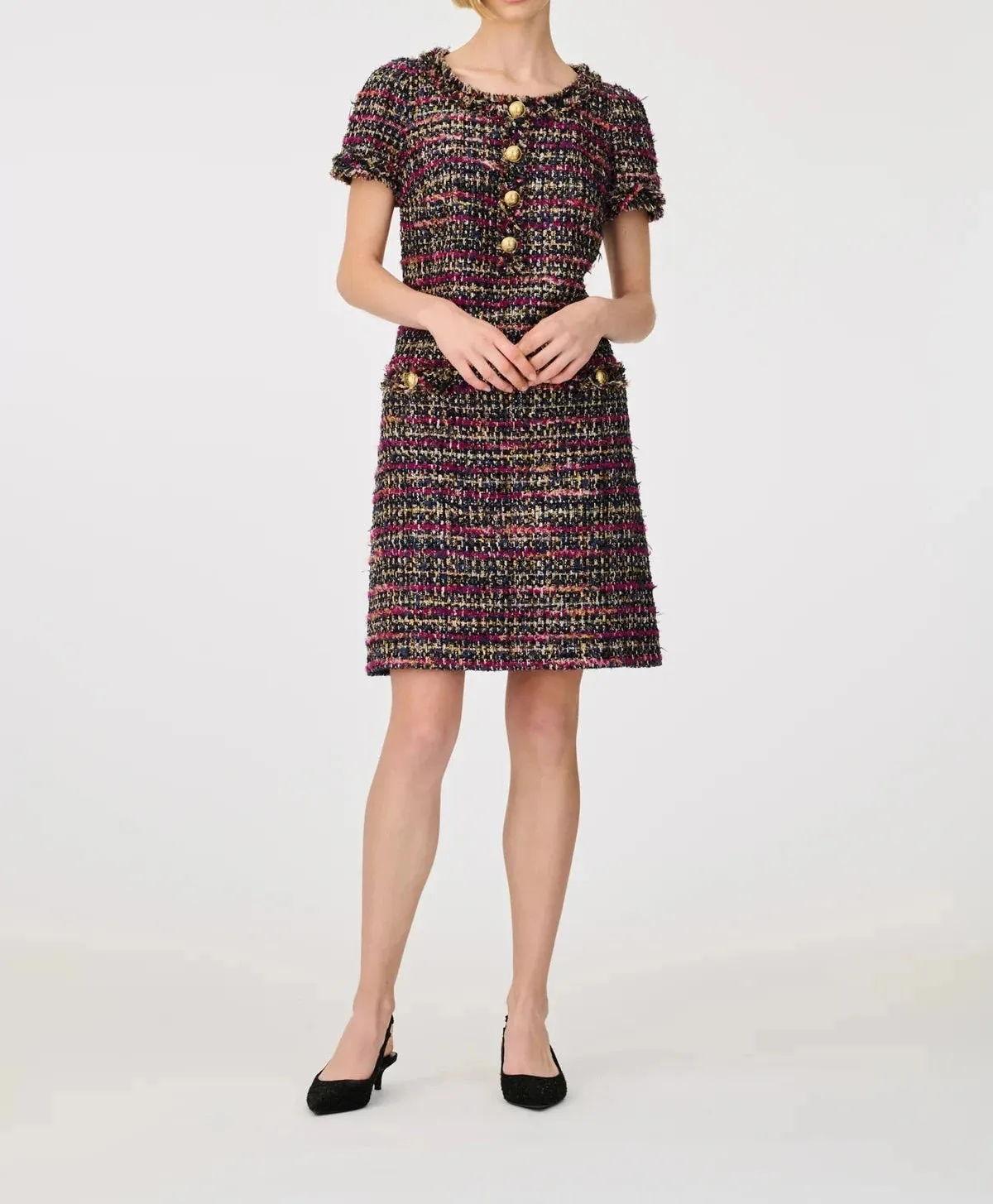 Weill Paris Multicolored Tweed Dress with Gold Button Accents