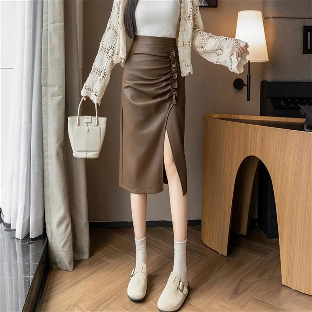 Women PU Leather Skirt High Waist Pleated Irregular Split Wrapped Pencil Skirts