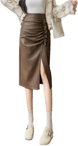 Women PU Leather Skirt High Waist Pleated Irregular Split Wrapped Pencil Skirts