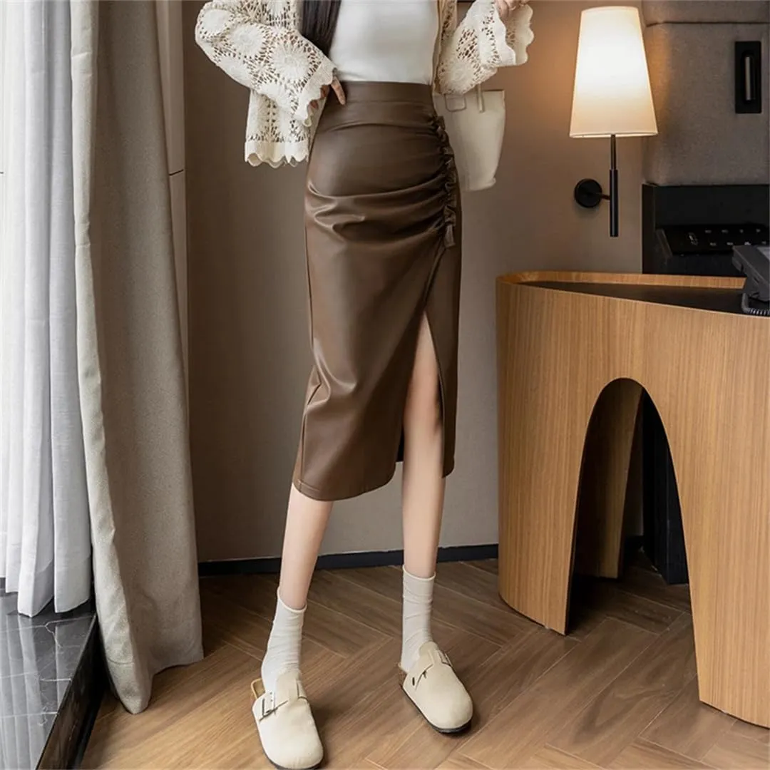 Women PU Leather Skirt High Waist Pleated Irregular Split Wrapped Pencil Skirts