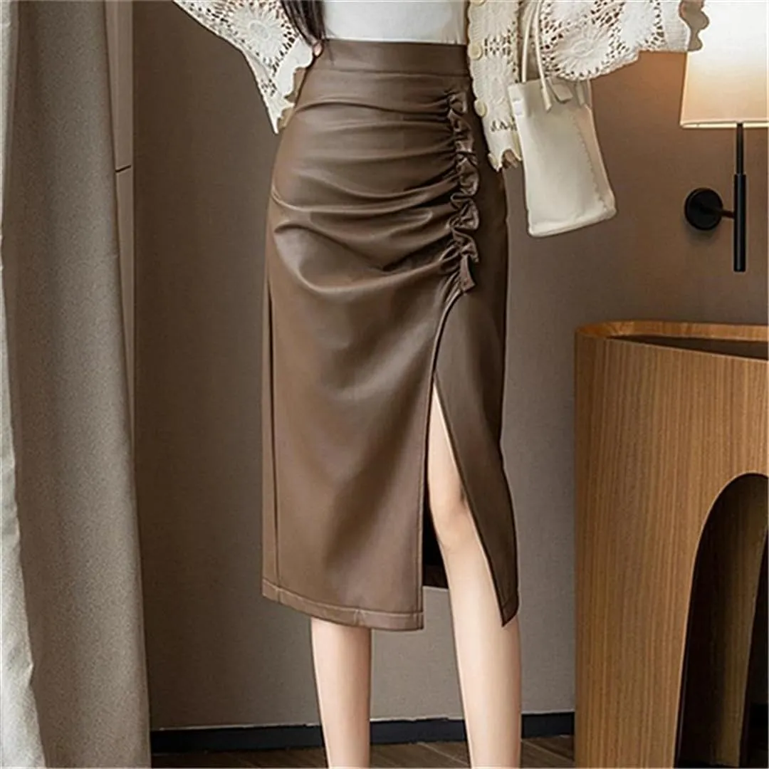 Women PU Leather Skirt High Waist Pleated Irregular Split Wrapped Pencil Skirts