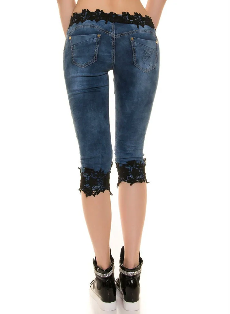 Women's Girls distressed ripped skinny Capri Jean shorts with Lace trim