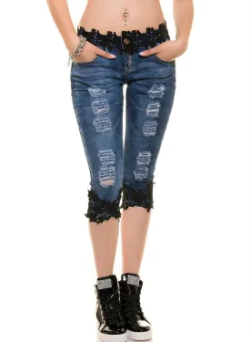 Women's Girls distressed ripped skinny Capri Jean shorts with Lace trim