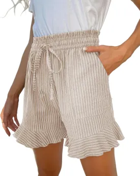 Womens Linen Shorts Summer Casual High Wasited Ruffle Wide Leg Drawstring Beach Loose Shorts
