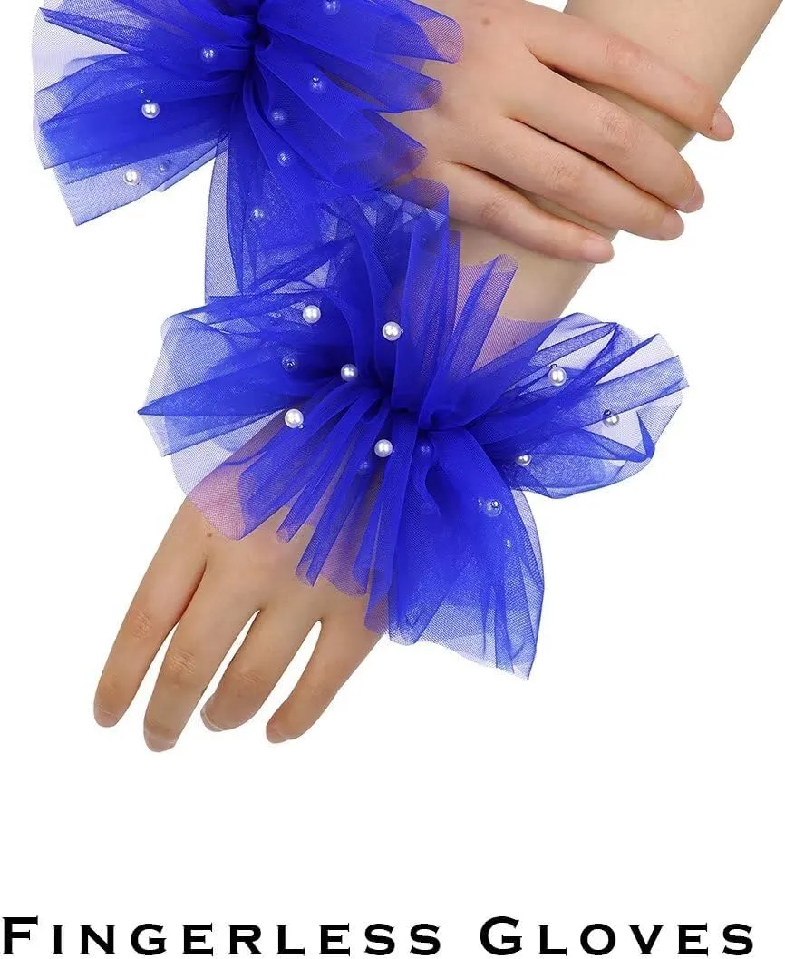 Women's Mesh Tulle Fingerless Gloves Short Pearl Glove Lace Arm Sleeves for Wedding Bridal Dance Party