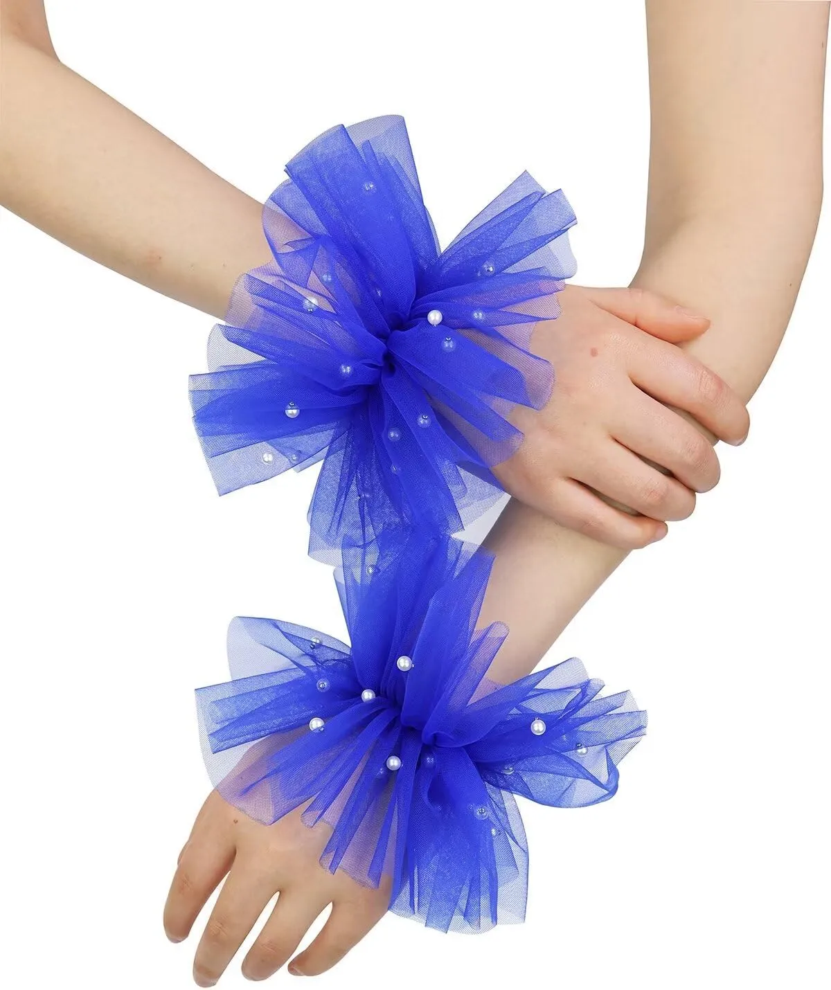 Women's Mesh Tulle Fingerless Gloves Short Pearl Glove Lace Arm Sleeves for Wedding Bridal Dance Party