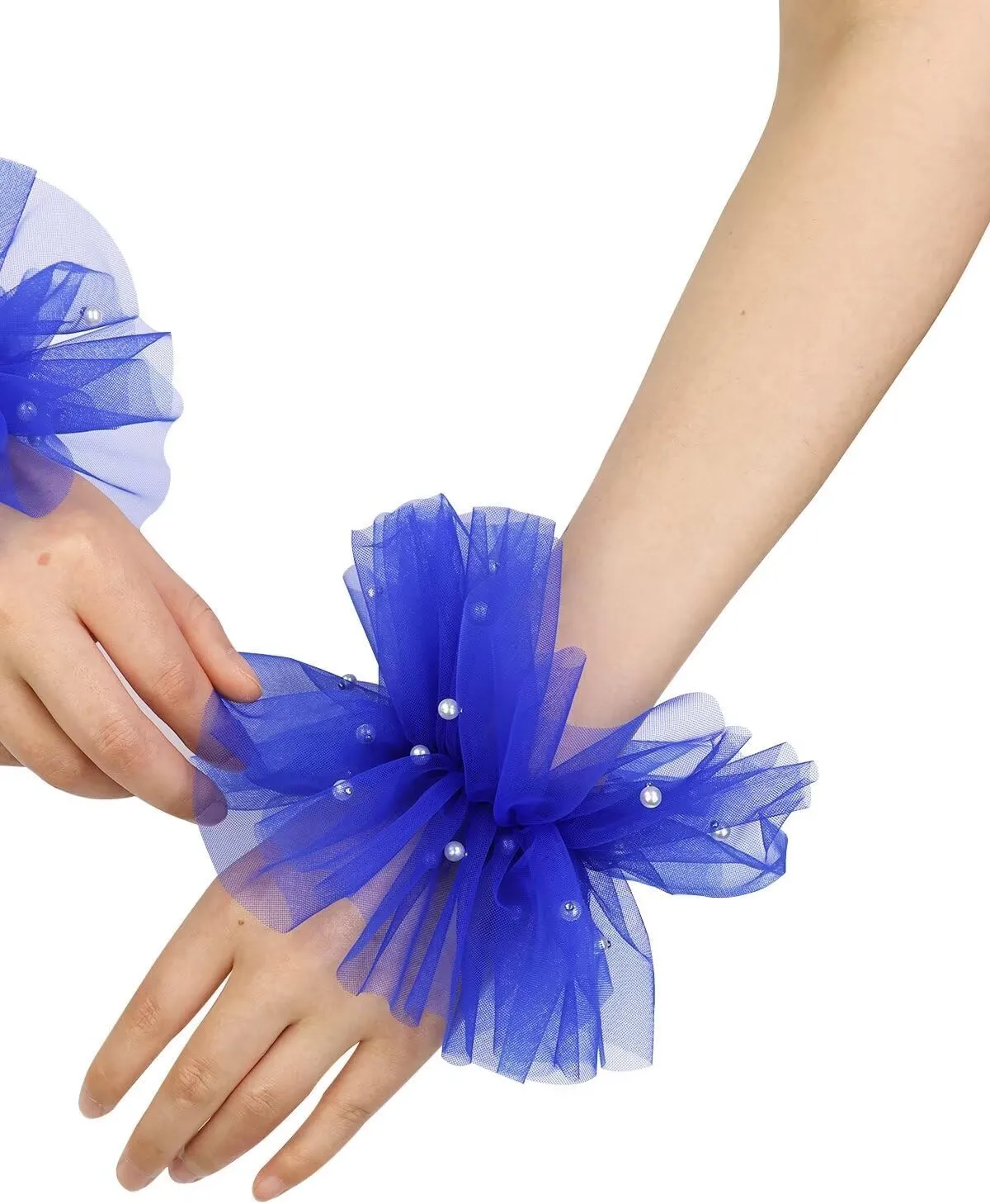 Women's Mesh Tulle Fingerless Gloves Short Pearl Glove Lace Arm Sleeves for Wedding Bridal Dance Party