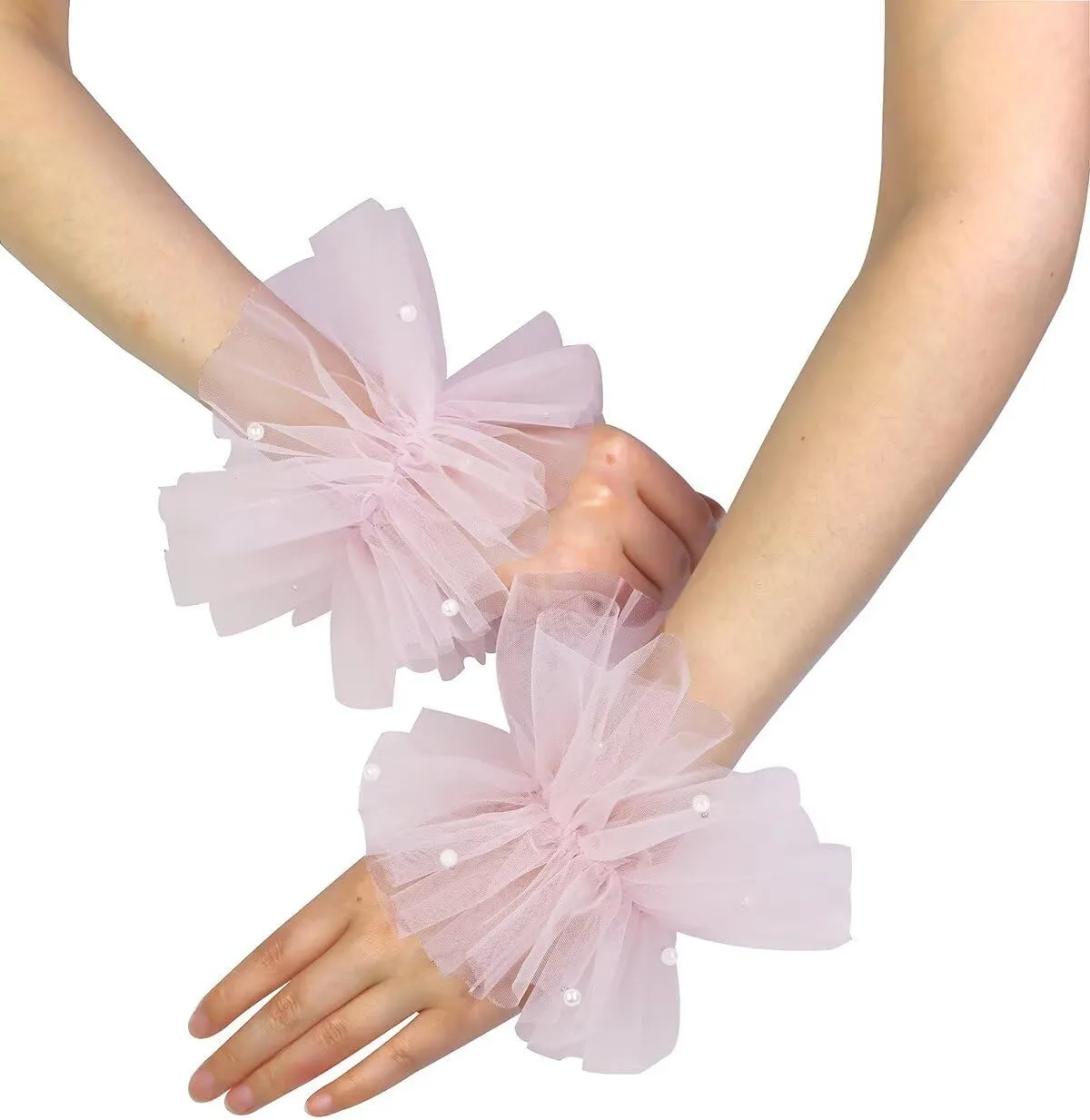 Women's Mesh Tulle Fingerless Gloves Short Pearl Glove Lace Arm Sleeves for Wedding Bridal Dance Party