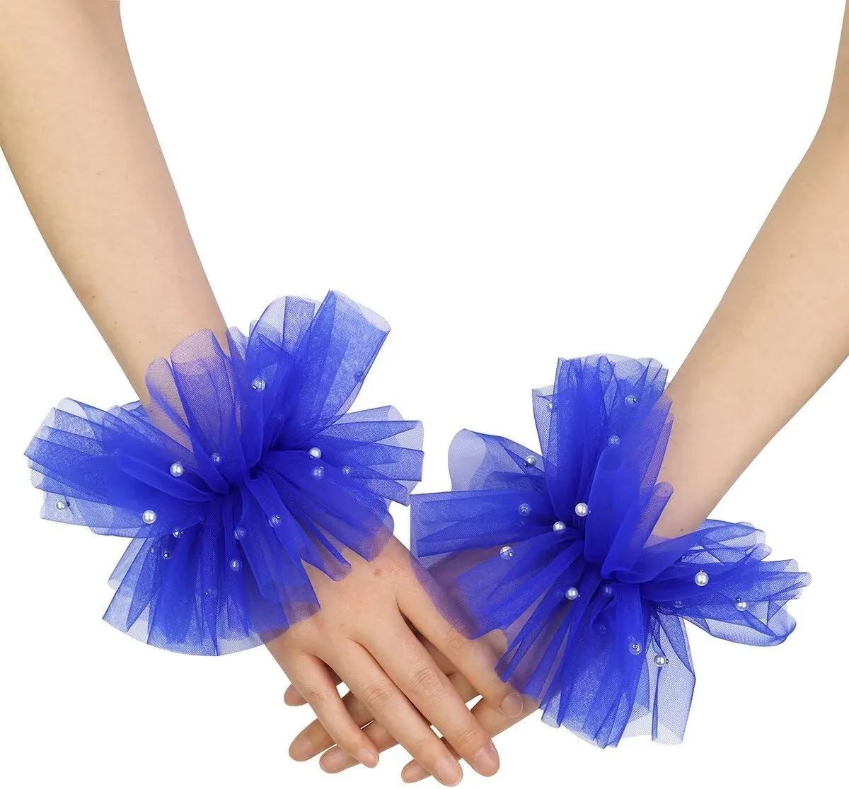 Women's Mesh Tulle Fingerless Gloves Short Pearl Glove Lace Arm Sleeves for Wedding Bridal Dance Party