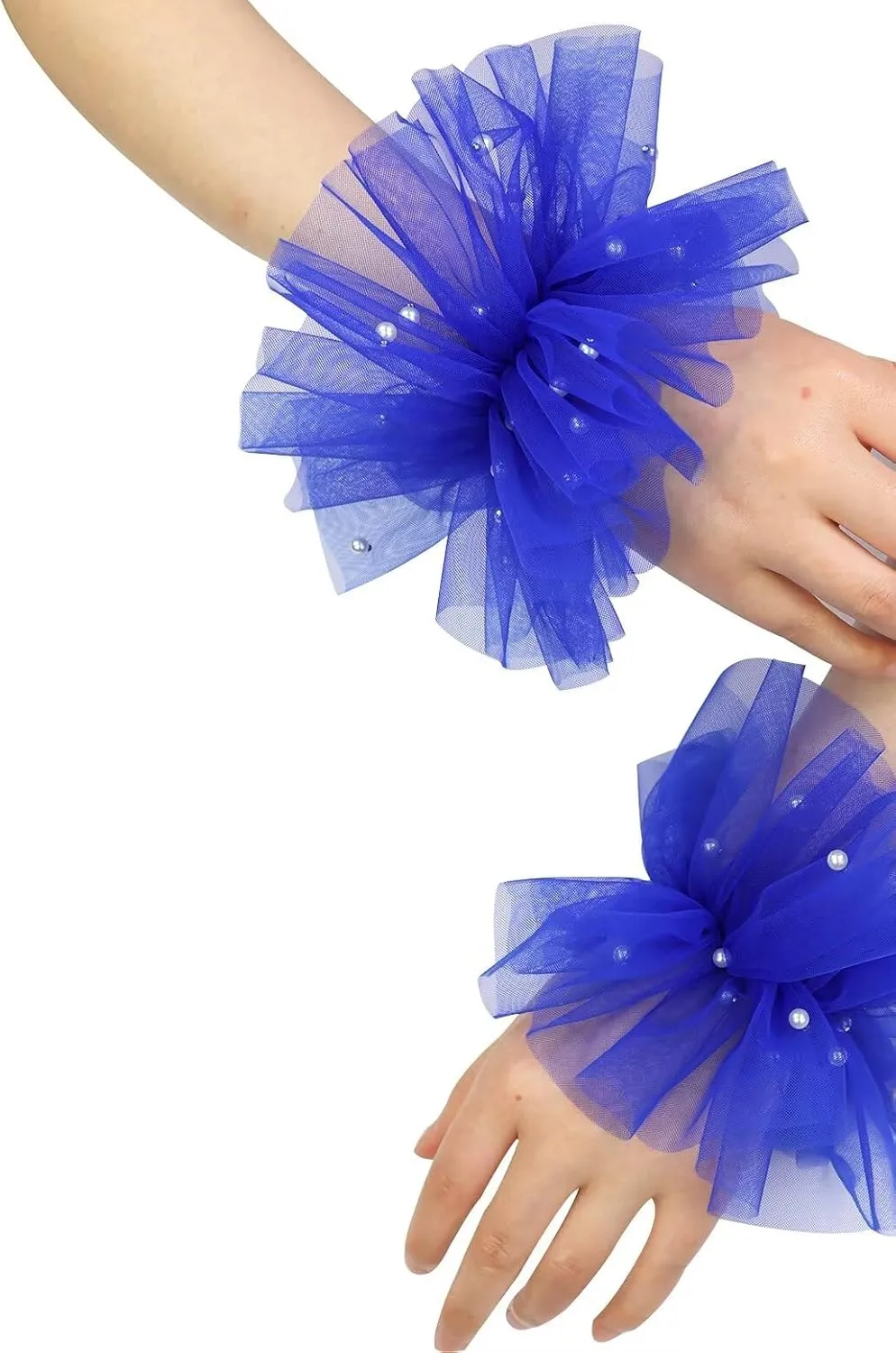 Women's Mesh Tulle Fingerless Gloves Short Pearl Glove Lace Arm Sleeves for Wedding Bridal Dance Party