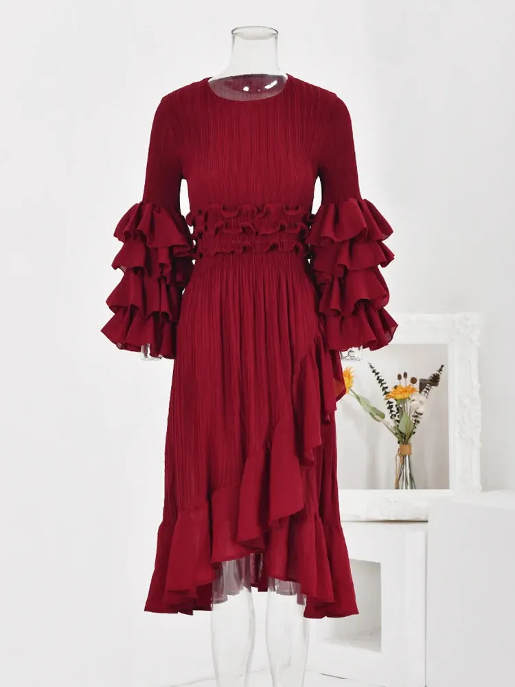 Women's Pleated Bodice Flutter Sleeve Pleat Midi Dress