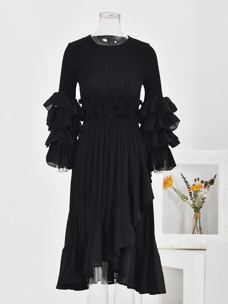 Women's Pleated Bodice Flutter Sleeve Pleat Midi Dress