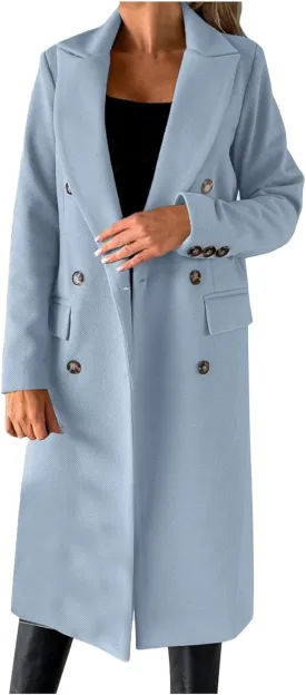 Wool Blend Coats for Women Elegant Double Breasted Long Pea Coats Fall Fashion Winter Notched Lapel Jackets Overcoat