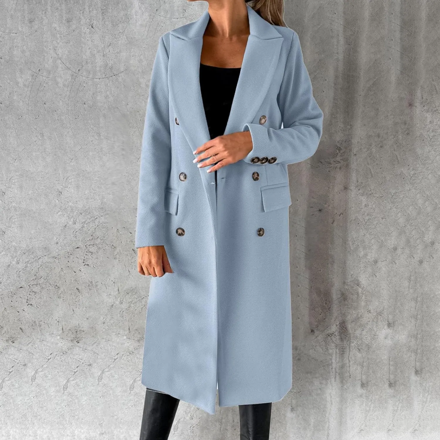 Wool Blend Coats for Women Elegant Double Breasted Long Pea Coats Fall Fashion Winter Notched Lapel Jackets Overcoat