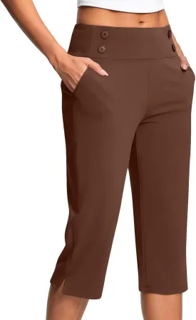 Work Pants for Women Summer High Waisted Stretchy Capris Dressy Casual Golf Capri Pants Pull On Slacks with Pockets