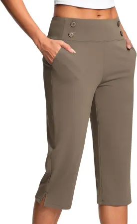 Work Pants for Women Summer High Waisted Stretchy Capris Dressy Casual Golf Capri Pants Pull On Slacks with Pockets