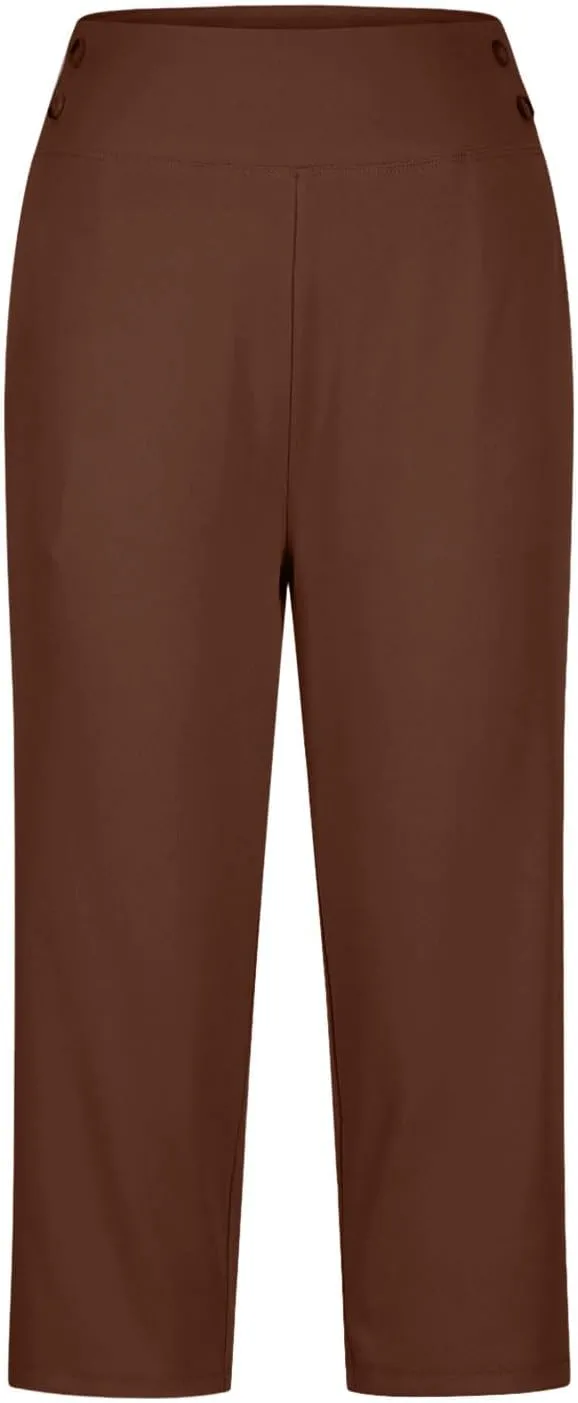 Work Pants for Women Summer High Waisted Stretchy Capris Dressy Casual Golf Capri Pants Pull On Slacks with Pockets