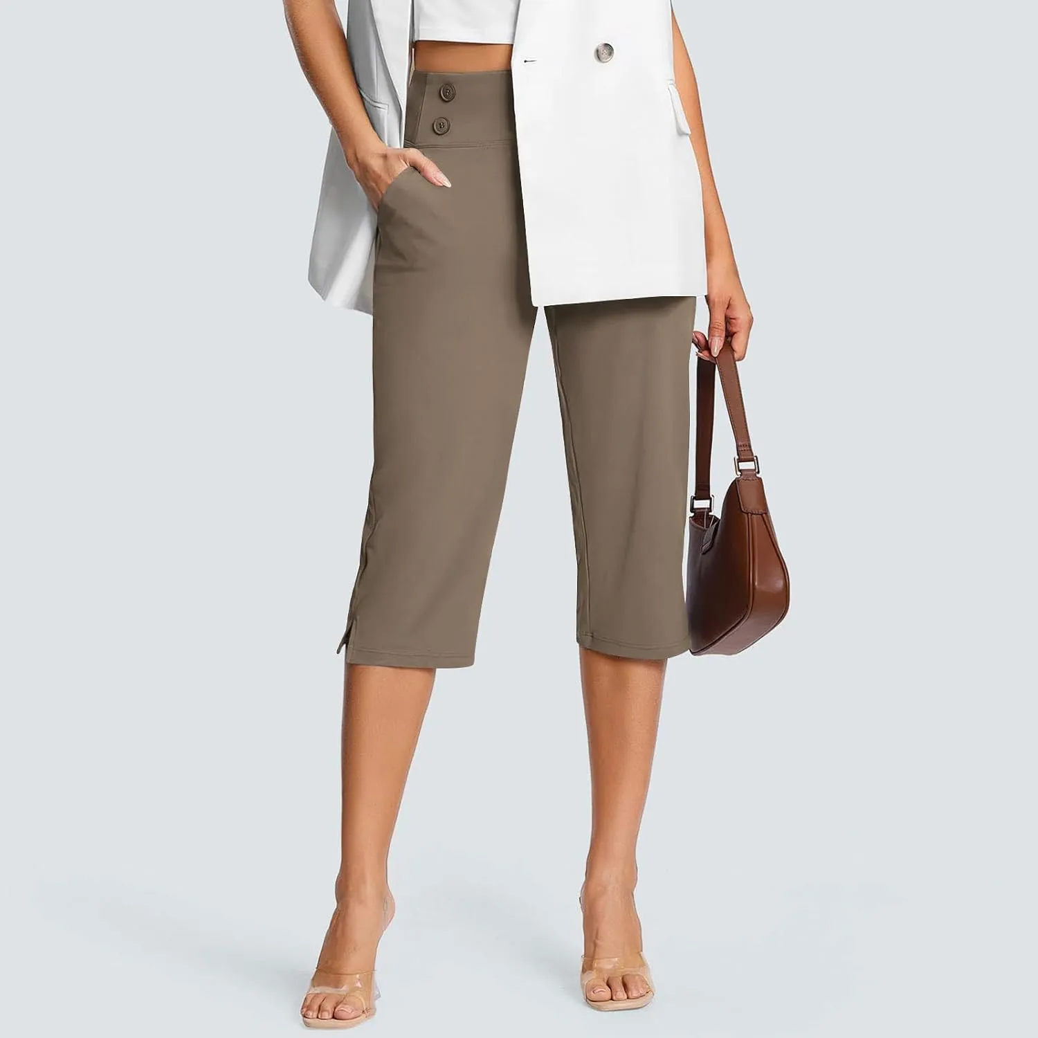 Work Pants for Women Summer High Waisted Stretchy Capris Dressy Casual Golf Capri Pants Pull On Slacks with Pockets