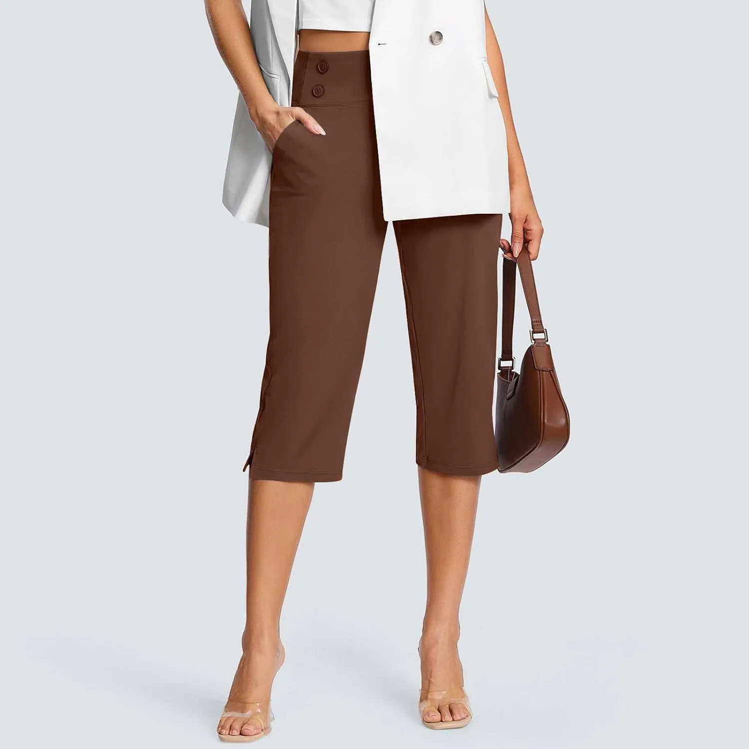 Work Pants for Women Summer High Waisted Stretchy Capris Dressy Casual Golf Capri Pants Pull On Slacks with Pockets