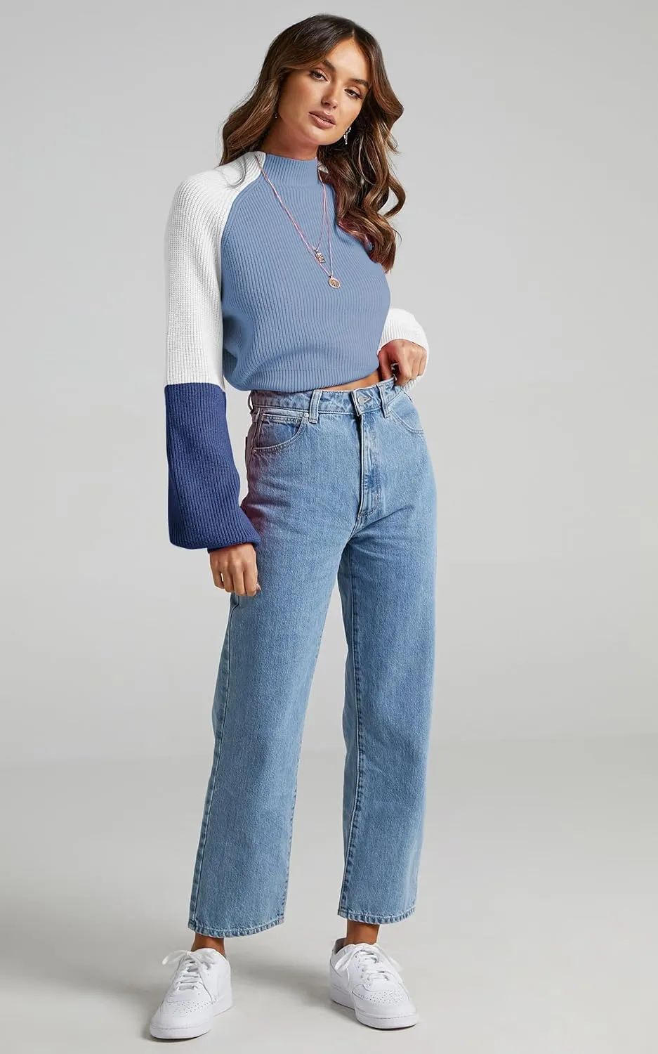 ZAFUL Women's Mock Neck Color Block Sweaters Knitted Pullover Jumper Tops Casual Lantern Sleeve Cropped Sweater