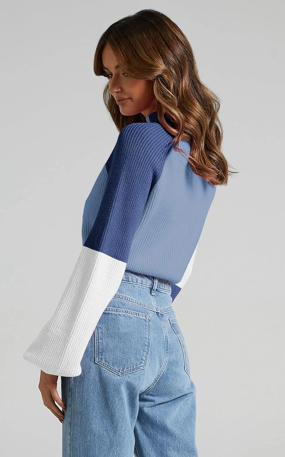 ZAFUL Women's Mock Neck Color Block Sweaters Knitted Pullover Jumper Tops Casual Lantern Sleeve Cropped Sweater