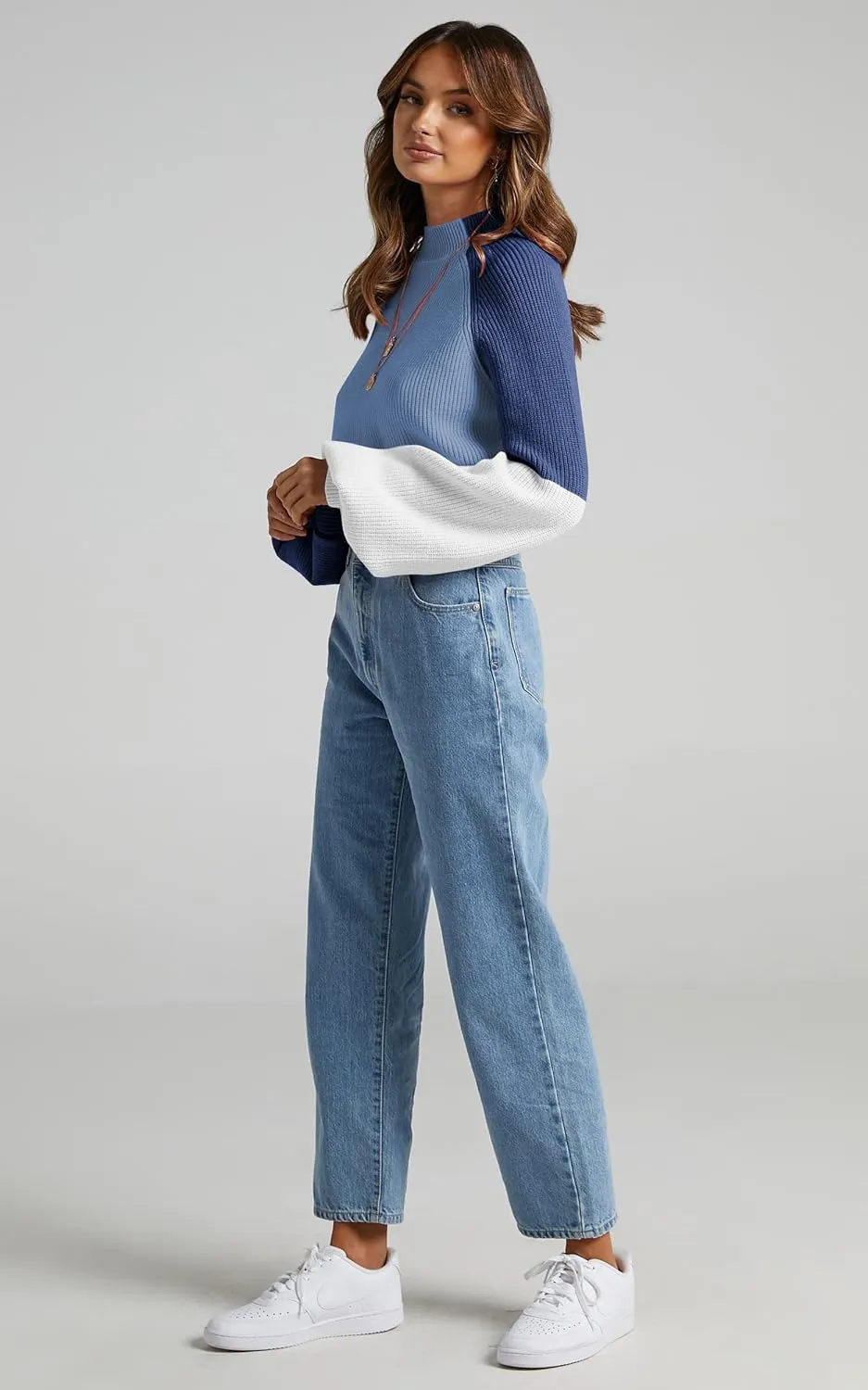 ZAFUL Women's Mock Neck Color Block Sweaters Knitted Pullover Jumper Tops Casual Lantern Sleeve Cropped Sweater